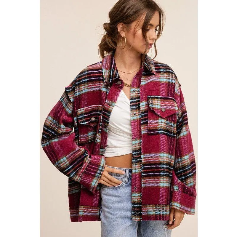 The Hailey Plaid Shacket in Sky, Wine, or Cocoa