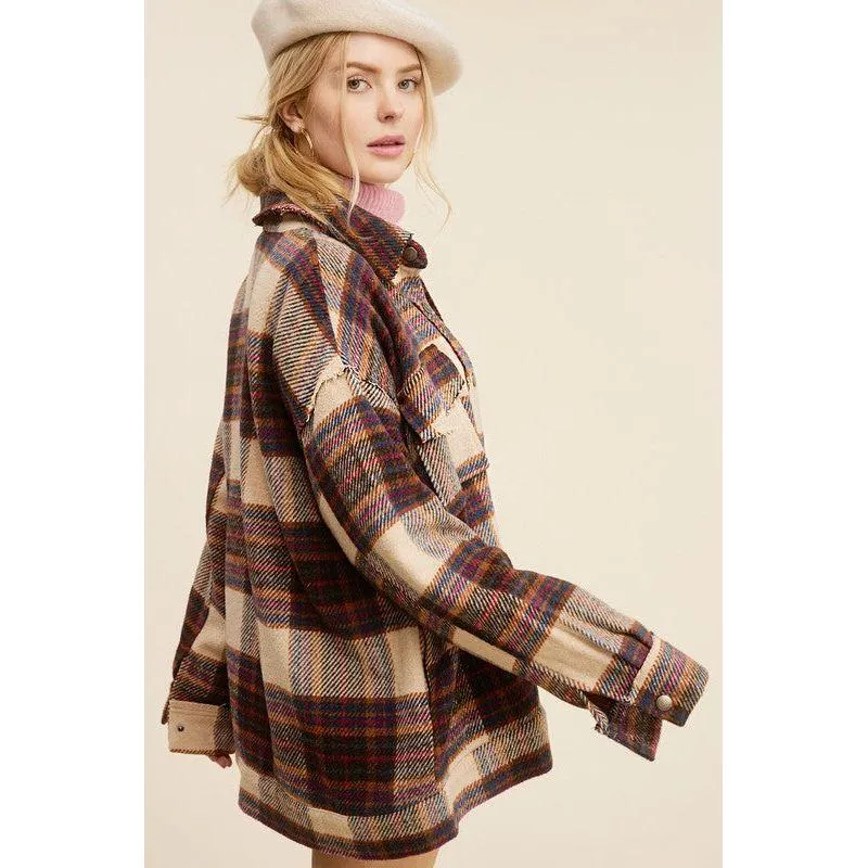 The Hailey Plaid Shacket in Sky, Wine, or Cocoa