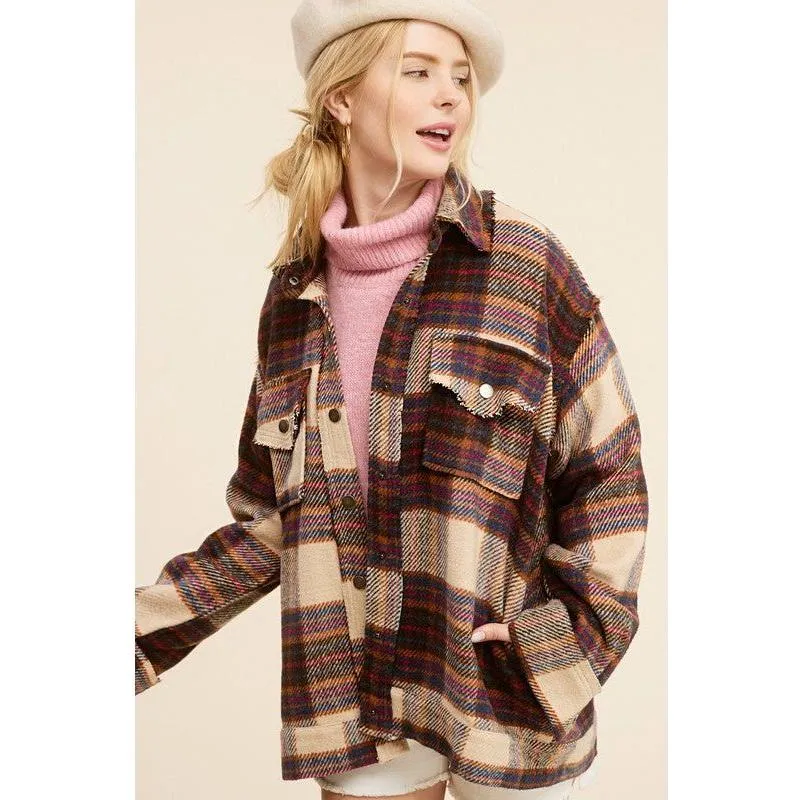 The Hailey Plaid Shacket in Sky, Wine, or Cocoa