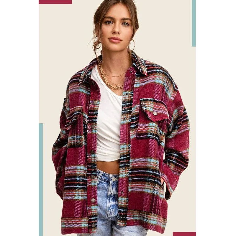 The Hailey Plaid Shacket in Sky, Wine, or Cocoa