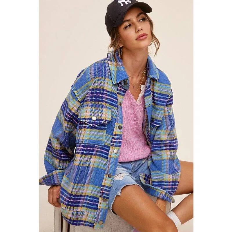 The Hailey Plaid Shacket in Sky, Wine, or Cocoa