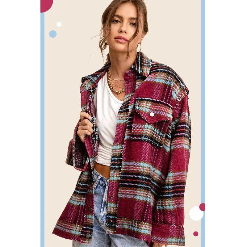 The Hailey Plaid Shacket in Sky, Wine, or Cocoa