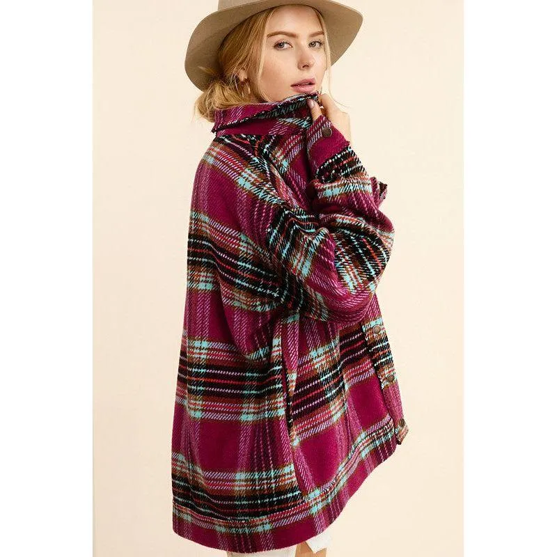 The Hailey Plaid Shacket in Sky, Wine, or Cocoa