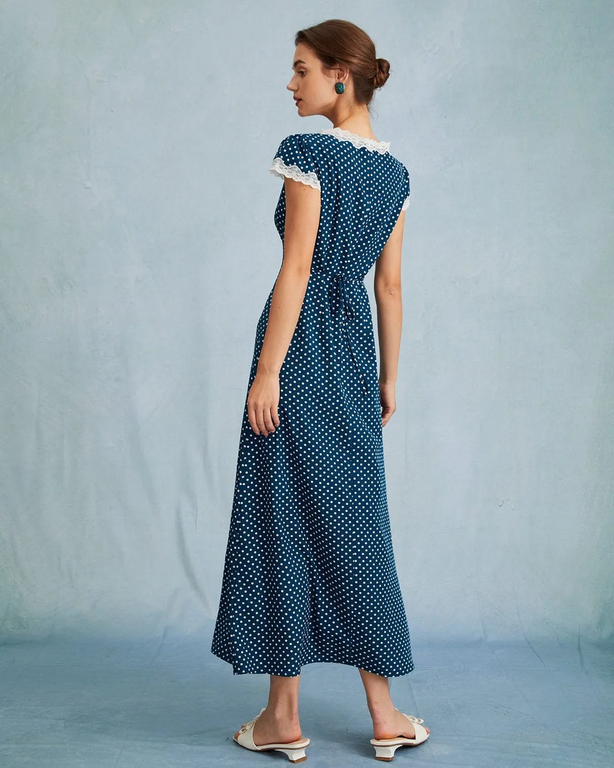 The Navy V Neck Polka Dot Lace Ruched Maxi Dress