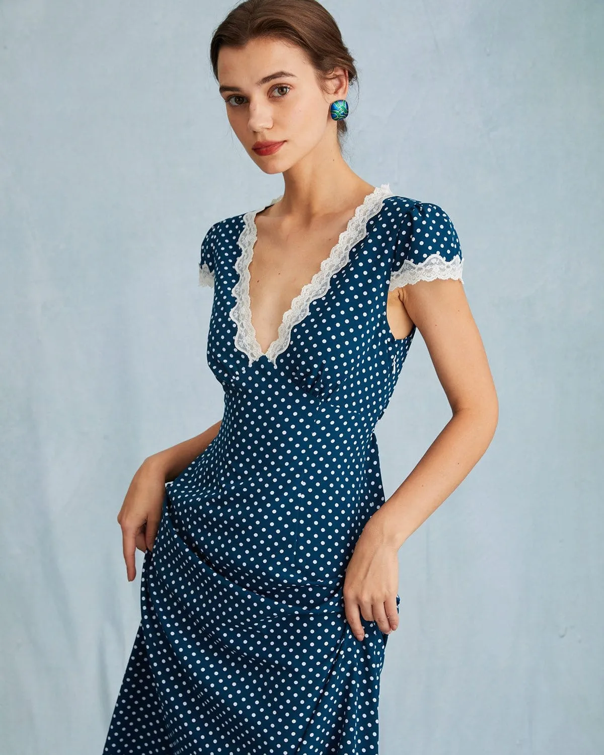 The Navy V Neck Polka Dot Lace Ruched Maxi Dress