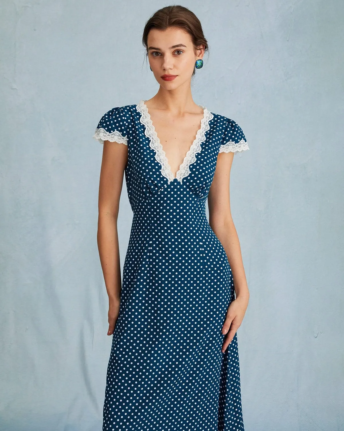 The Navy V Neck Polka Dot Lace Ruched Maxi Dress