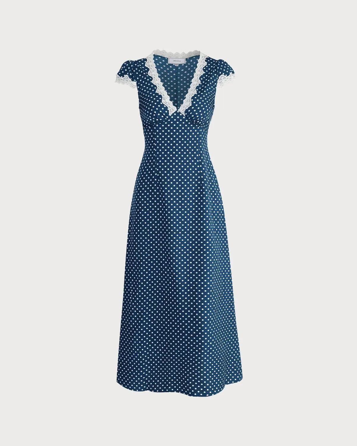 The Navy V Neck Polka Dot Lace Ruched Maxi Dress