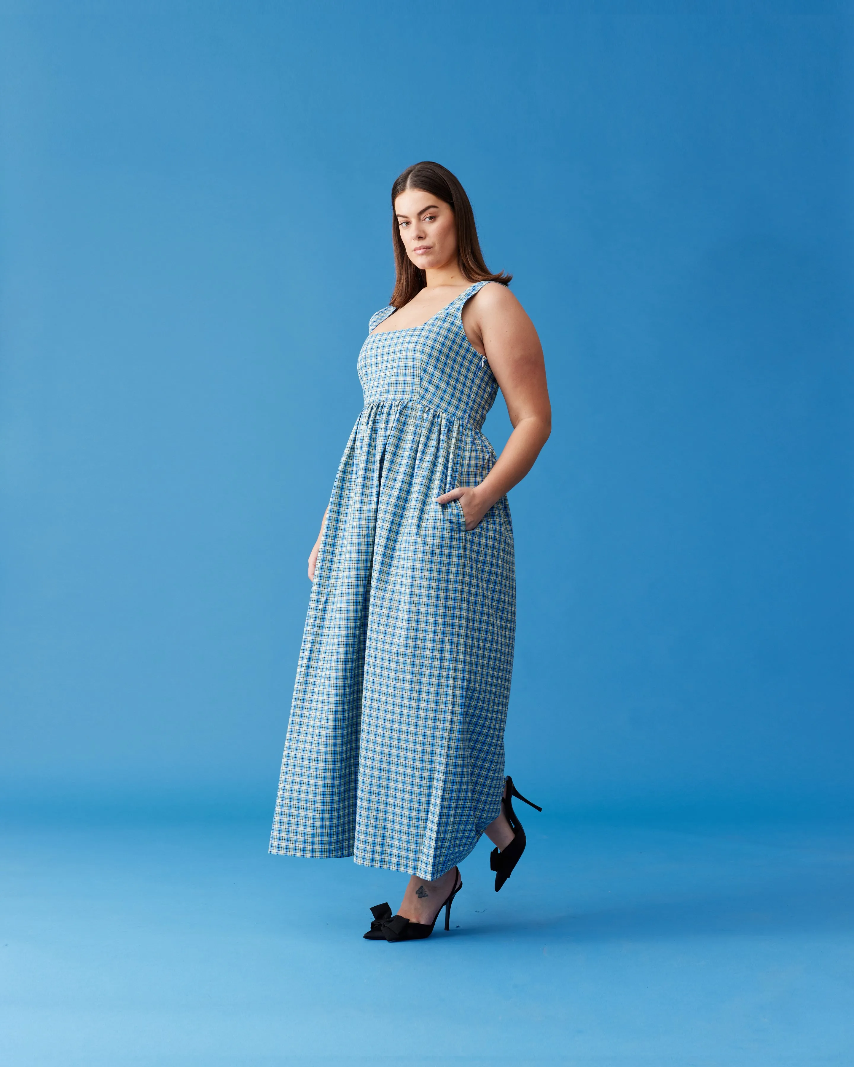 TULIP MAXI DRESS BLUE YELLOW CHECK