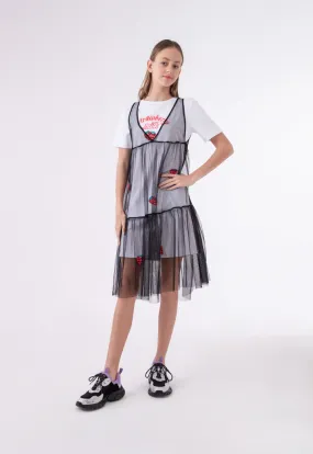 Tulle Overlay Jersey T-Shirt Dress