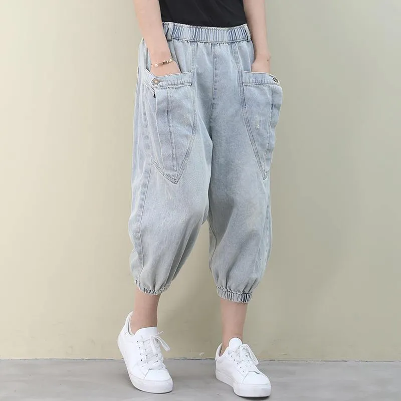 tyle summer wild pants plus size clothing light denim blue Work pockets trousers