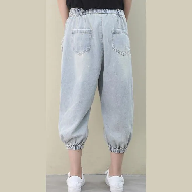 tyle summer wild pants plus size clothing light denim blue Work pockets trousers