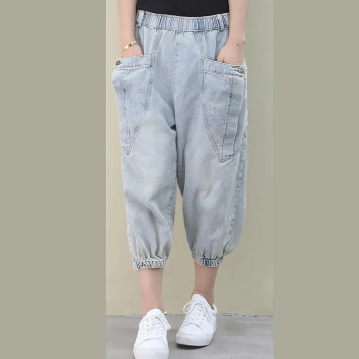 tyle summer wild pants plus size clothing light denim blue Work pockets trousers