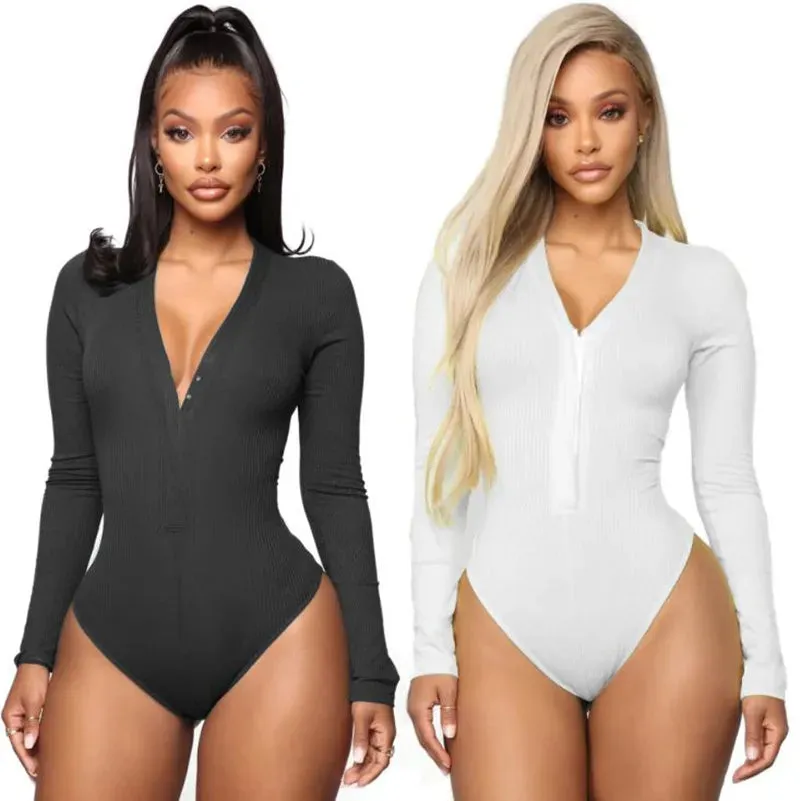 V-Neck Cotton Bodycon Long Sleeve Bodysuit