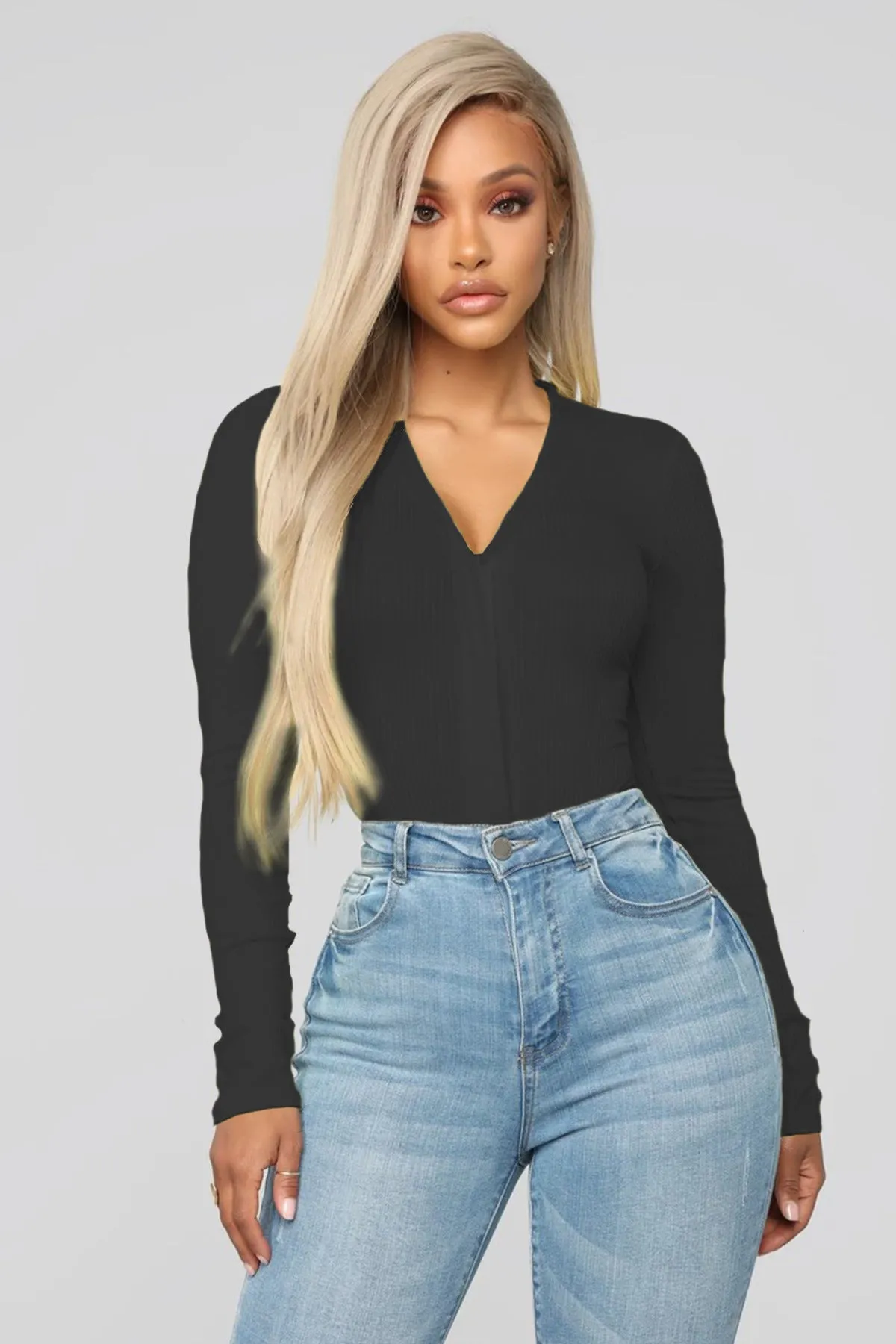 V-Neck Cotton Bodycon Long Sleeve Bodysuit