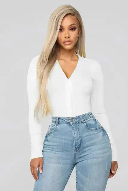 V-Neck Cotton Bodycon Long Sleeve Bodysuit