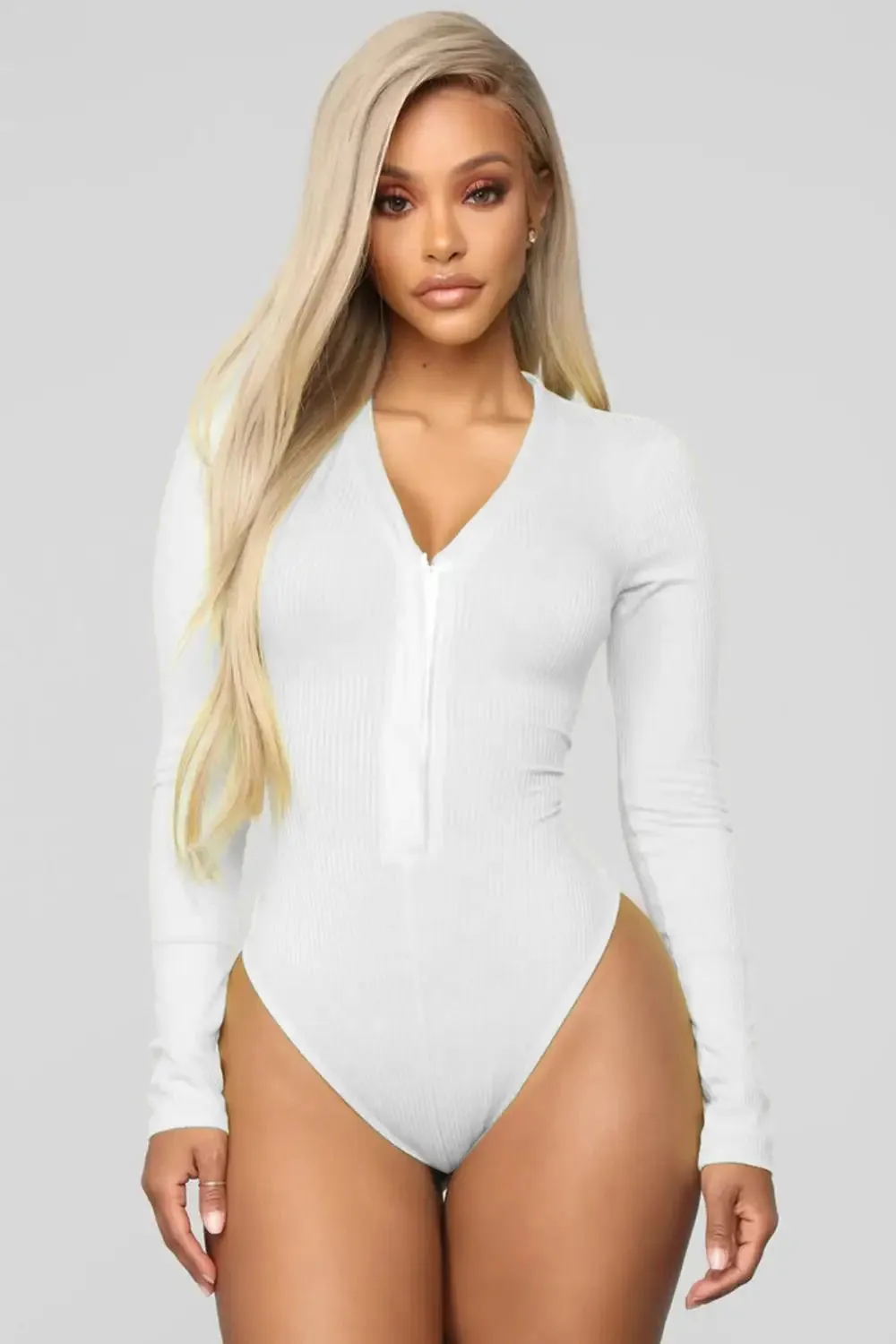 V-Neck Cotton Bodycon Long Sleeve Bodysuit