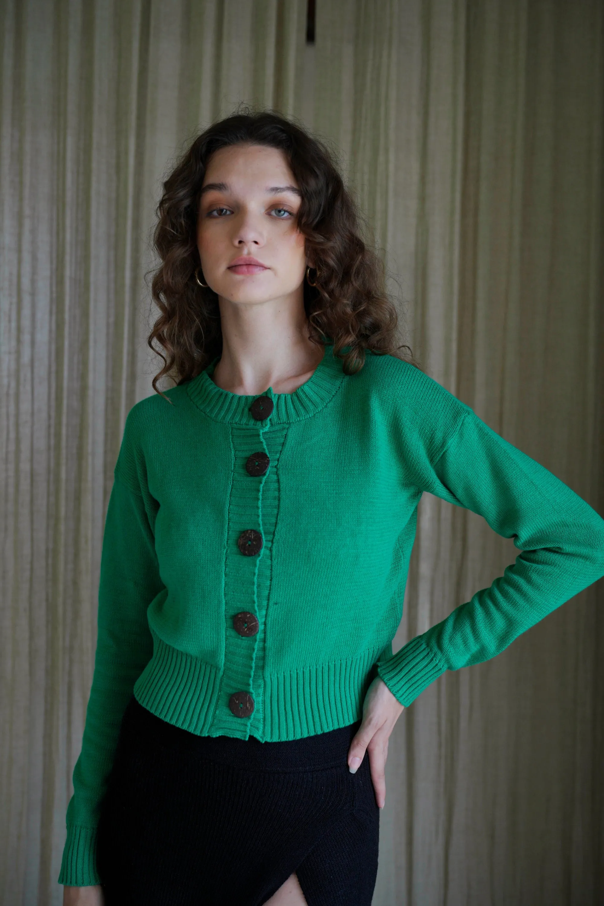 Victoria Coconut Button Cardigan in Forest Green