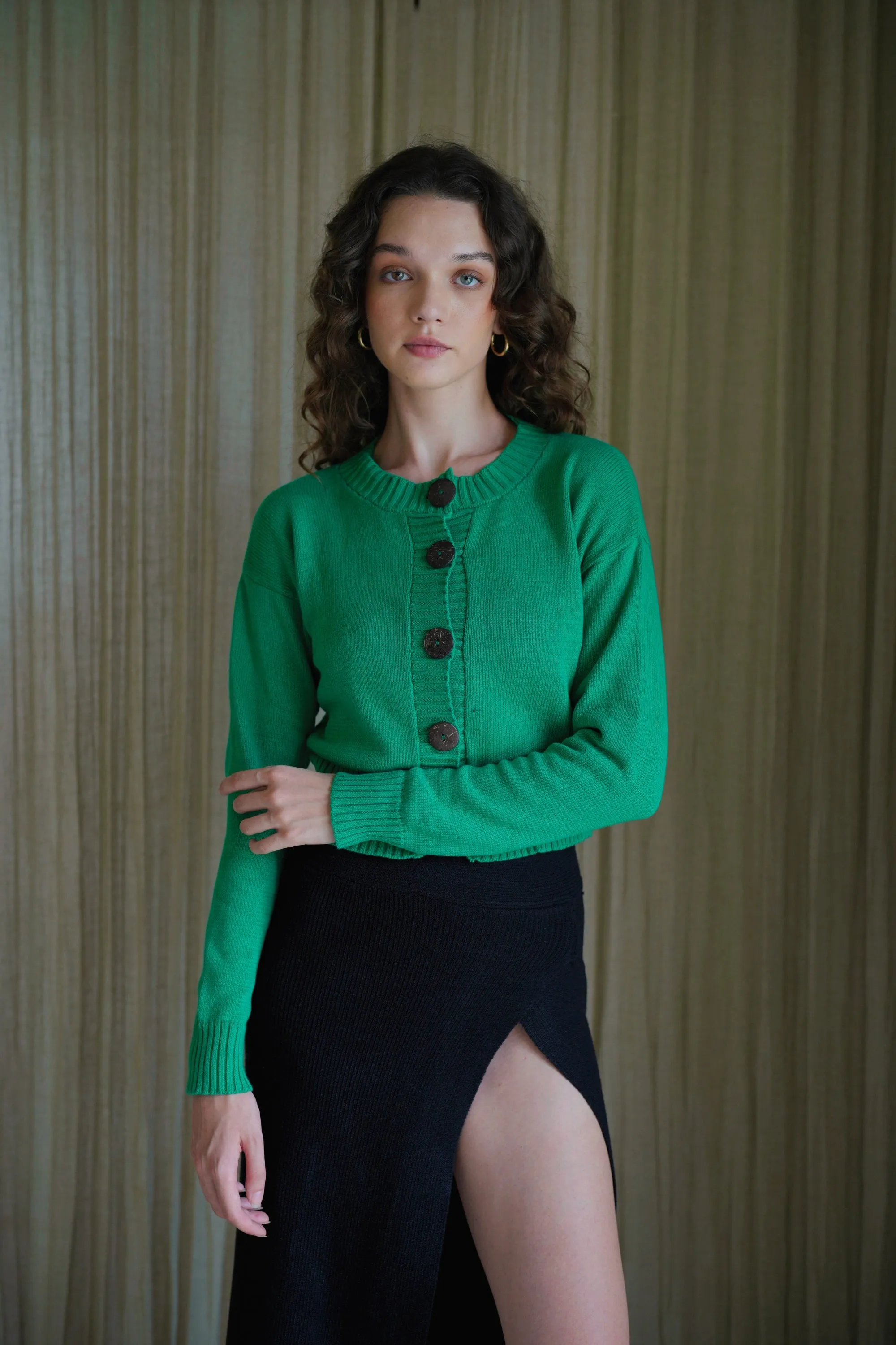 Victoria Coconut Button Cardigan in Forest Green