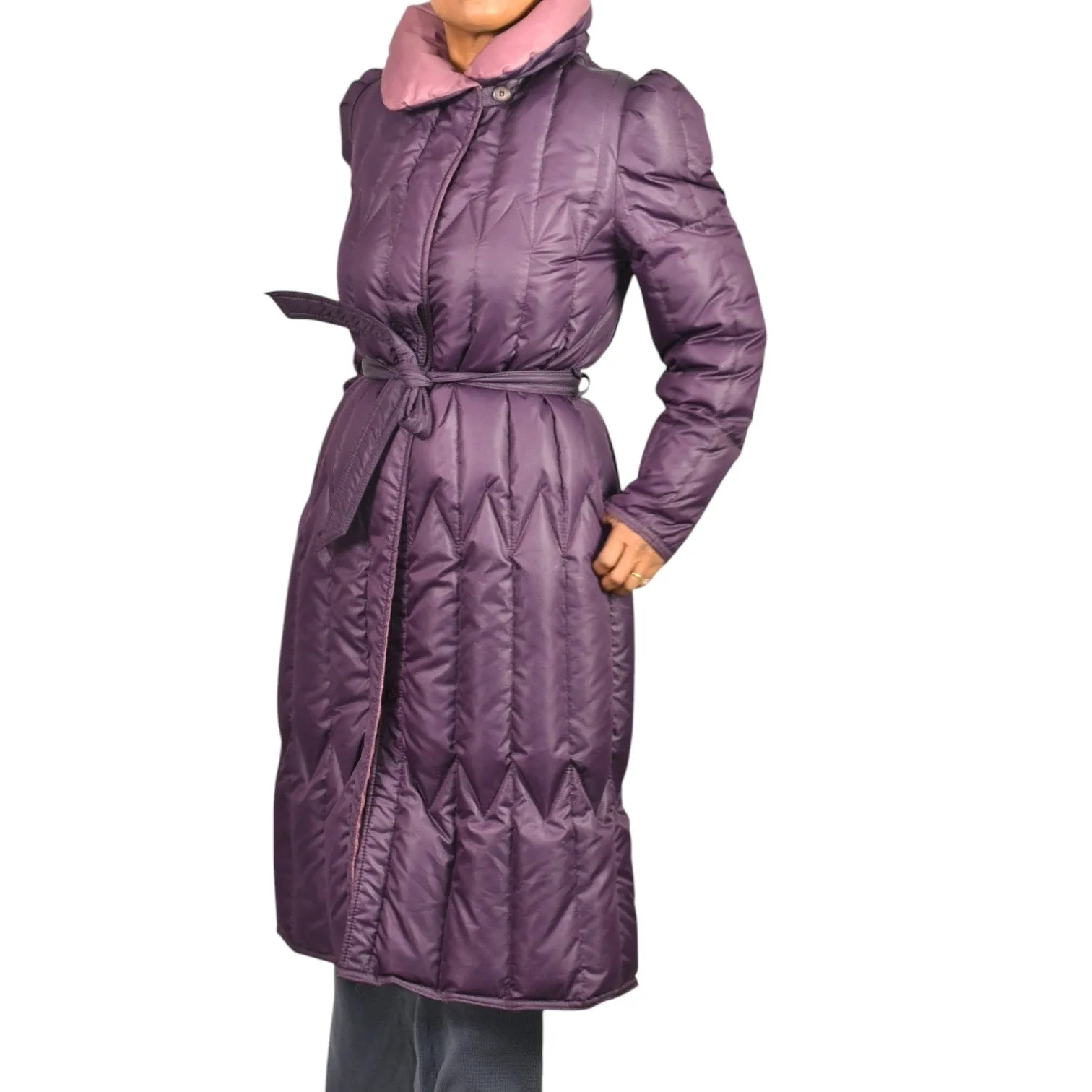 Vintage Quilted Puffer Coat Purple Duck Goose Down Long JayWear Originals Midi 80s Puff Sleeves Belted Winter Small