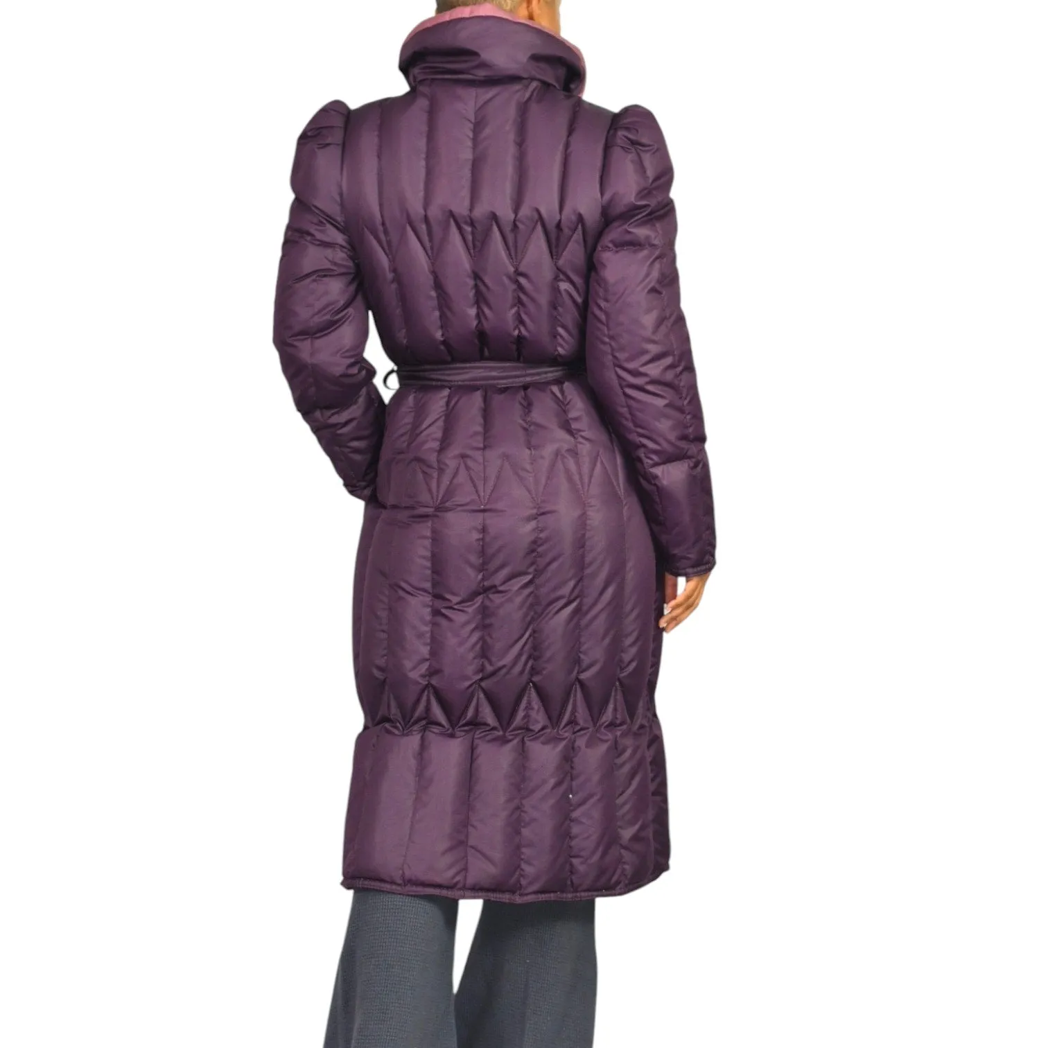 Vintage Quilted Puffer Coat Purple Duck Goose Down Long JayWear Originals Midi 80s Puff Sleeves Belted Winter Small