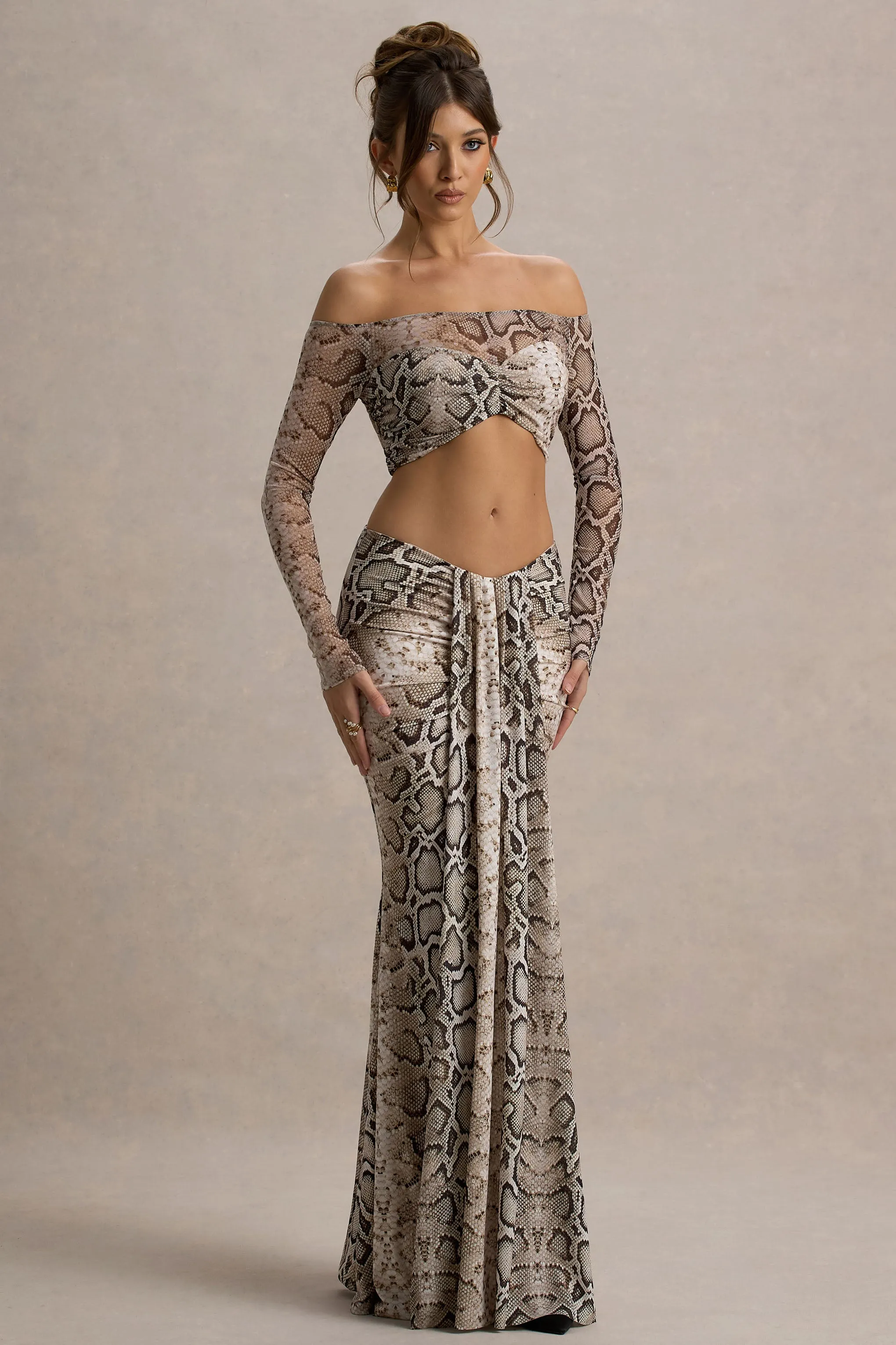 Vitality | Snake Print Ruched Drape Maxi Skirt