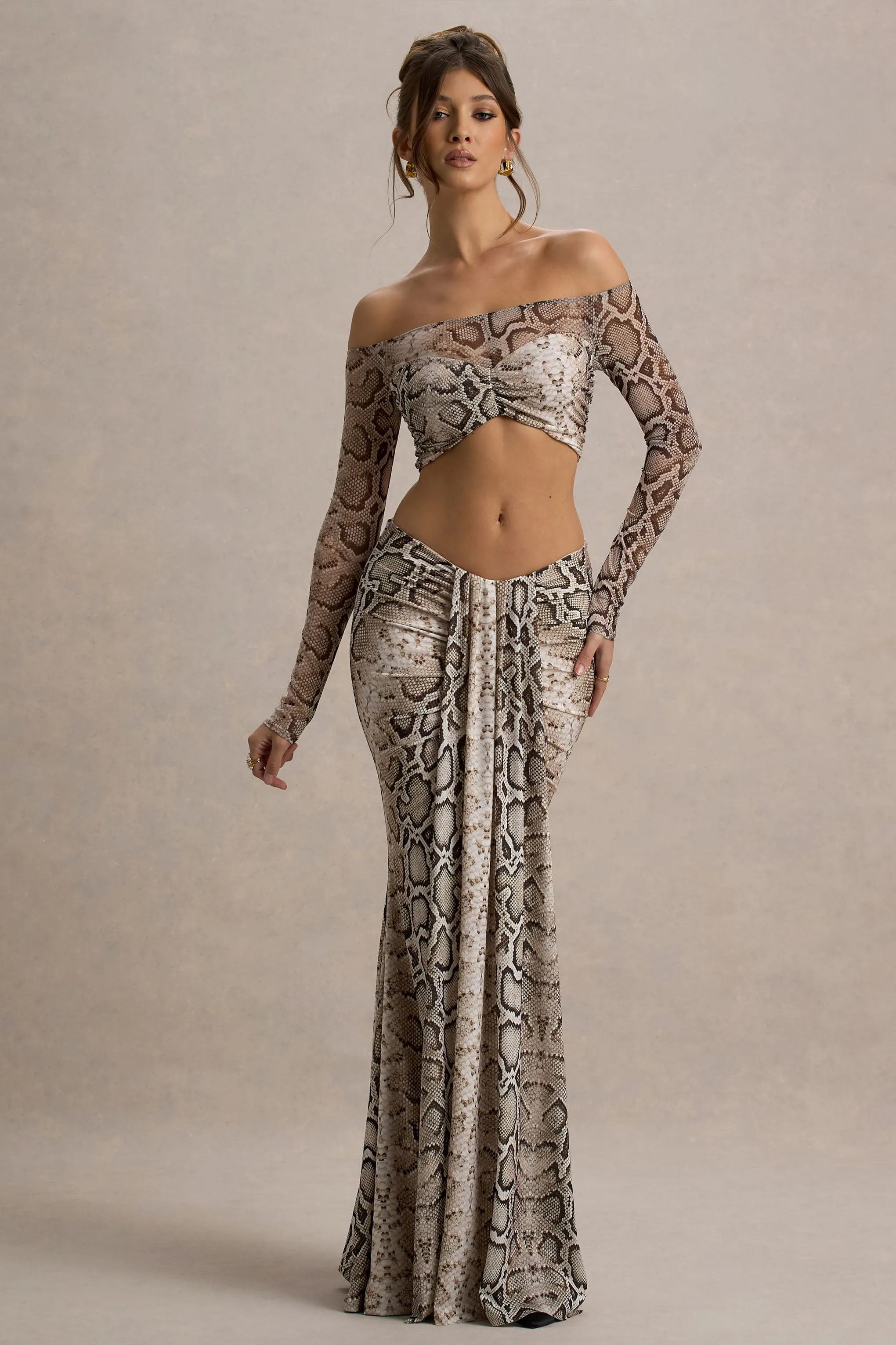 Vitality | Snake Print Ruched Drape Maxi Skirt