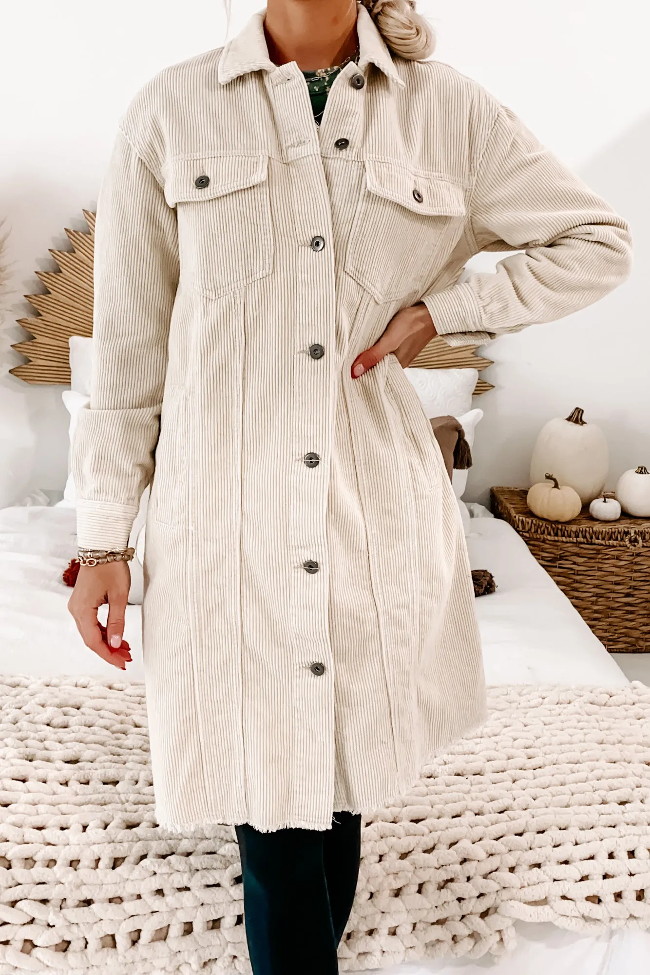 Western Welcome Long Corduroy Shacket (Cream)