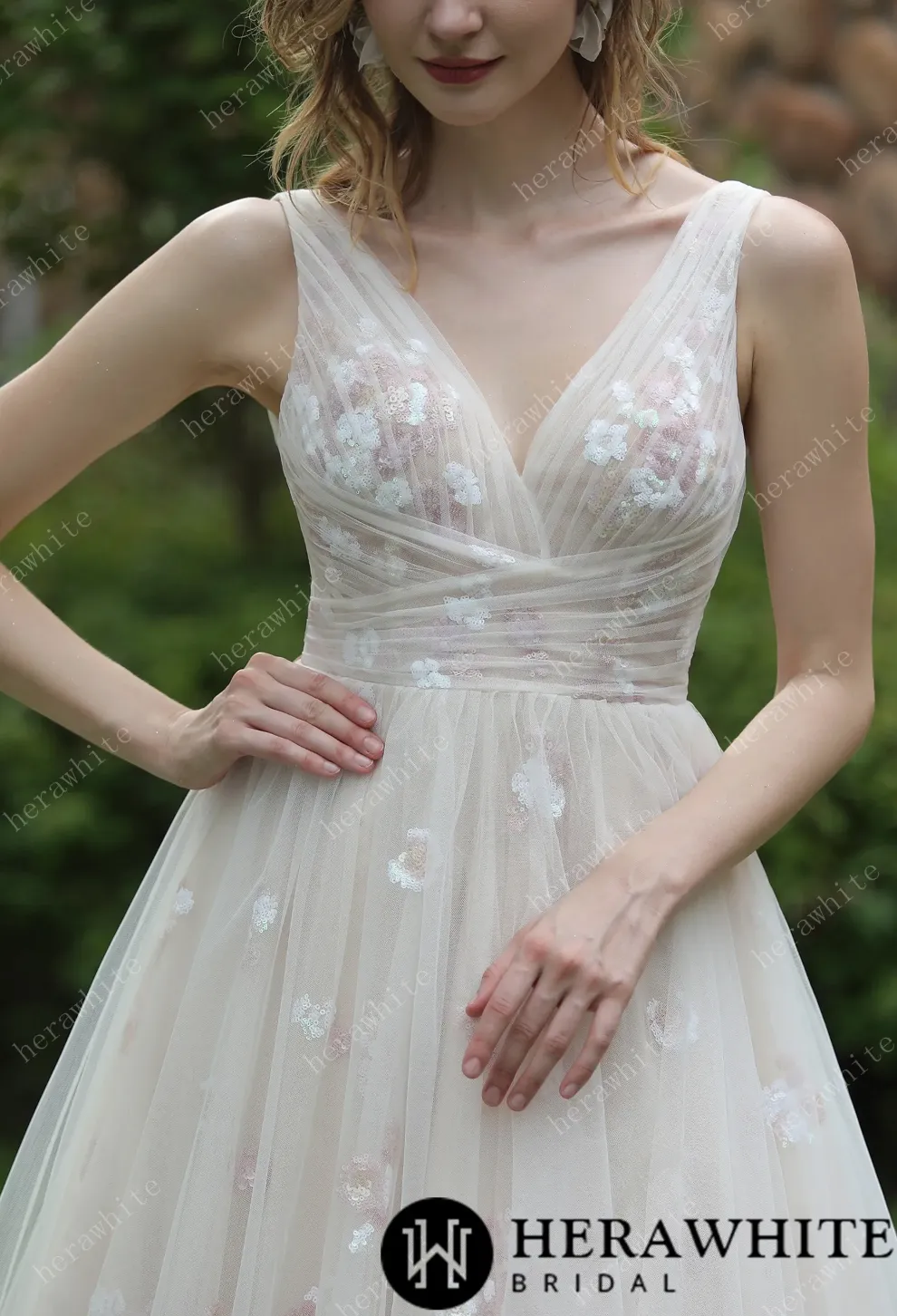 Whimsical Sequined Lace Tulle Wedding Dress With Gathered Bodice