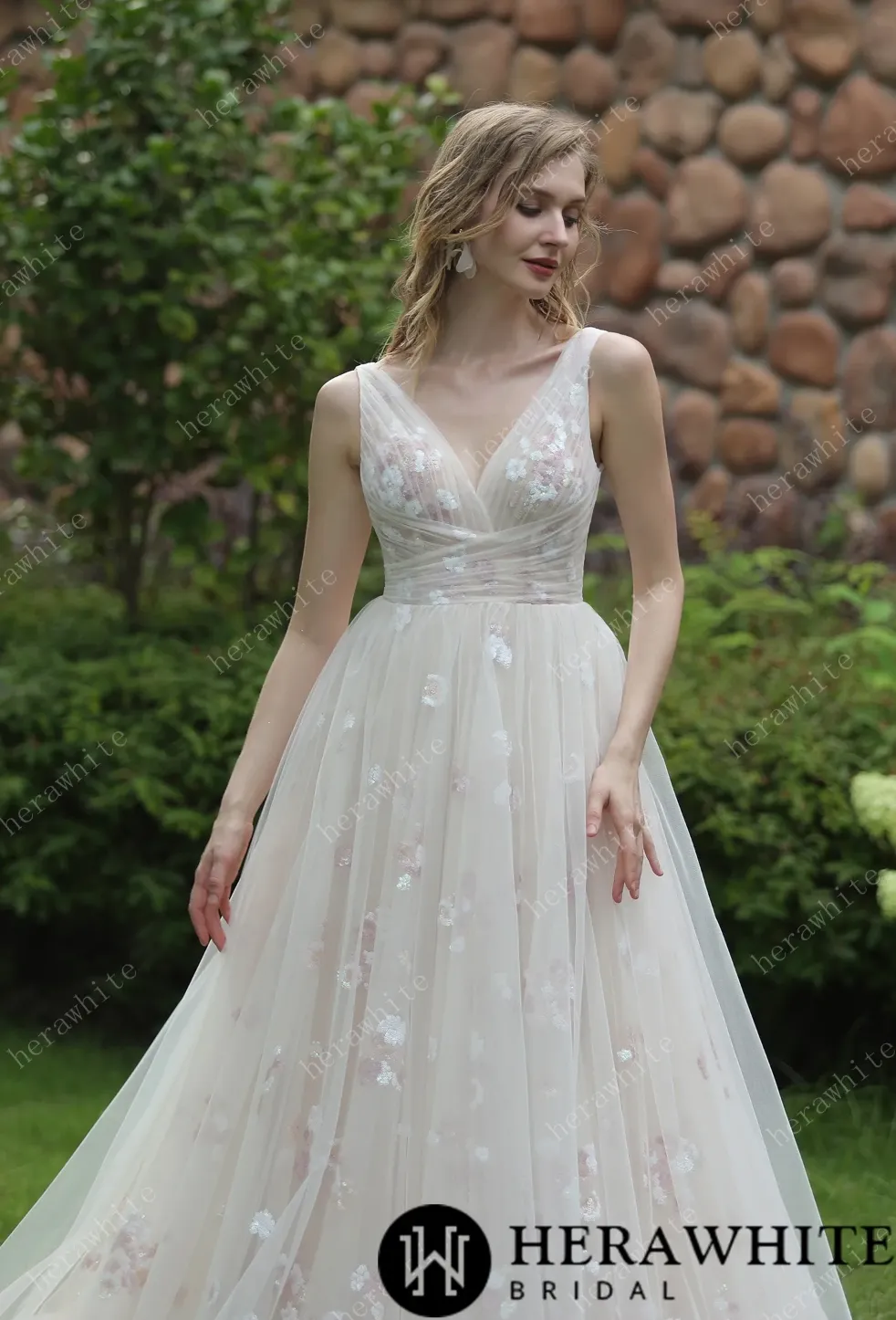 Whimsical Sequined Lace Tulle Wedding Dress With Gathered Bodice