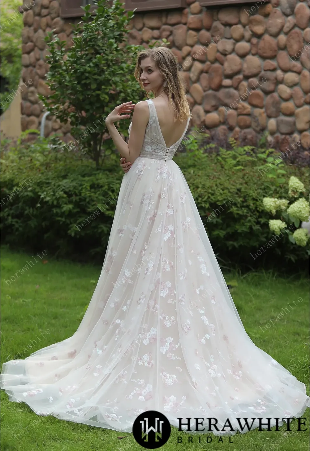 Whimsical Sequined Lace Tulle Wedding Dress With Gathered Bodice