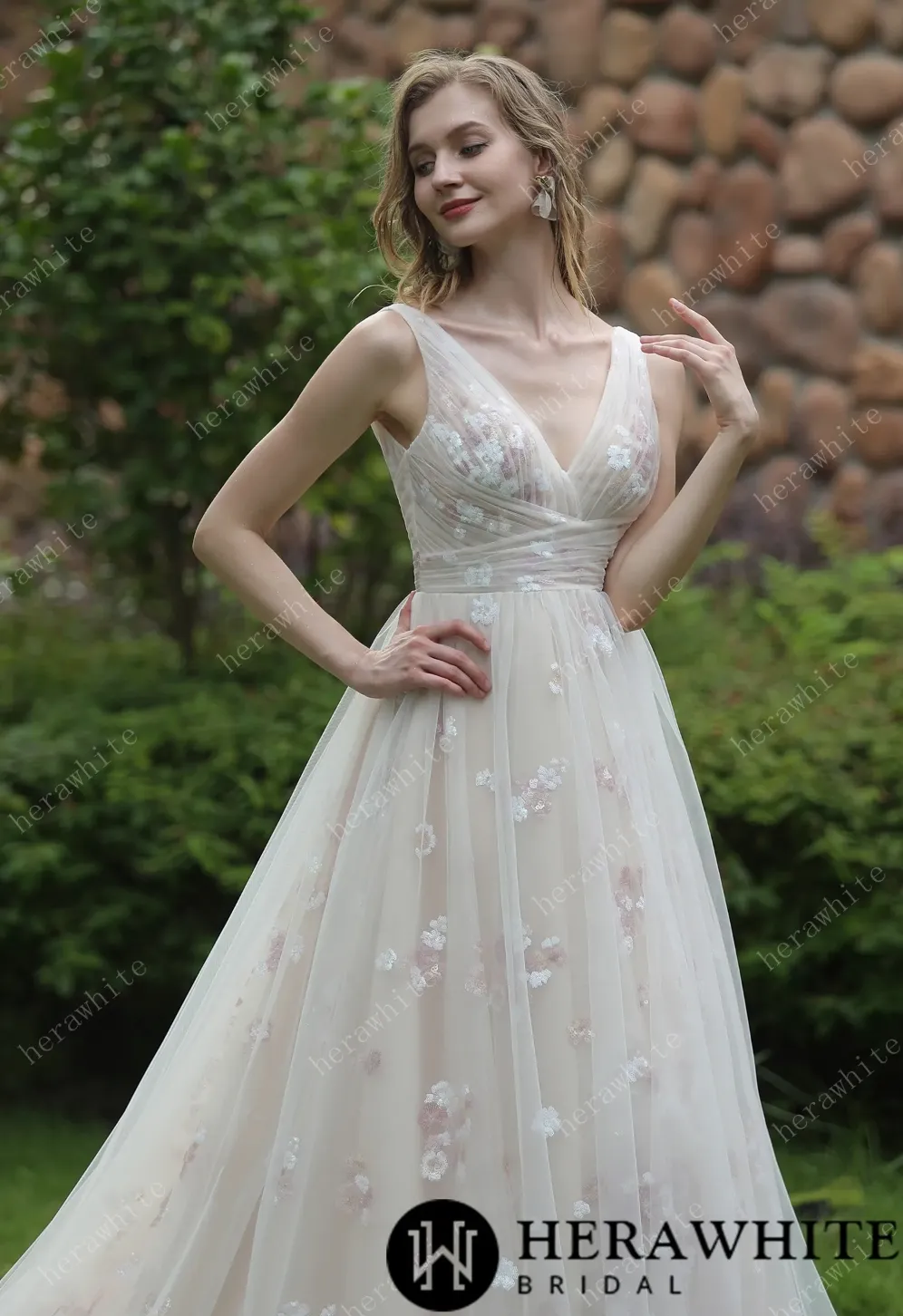 Whimsical Sequined Lace Tulle Wedding Dress With Gathered Bodice