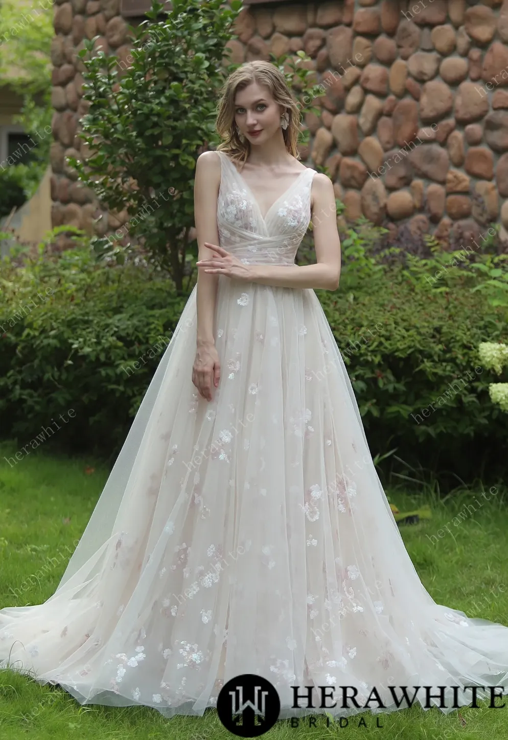 Whimsical Sequined Lace Tulle Wedding Dress With Gathered Bodice