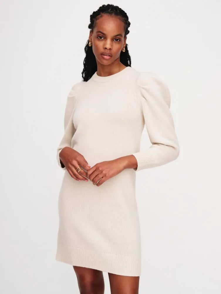 White & Warren - Cashmere Blend Puff Sleeve Dress in Ivory