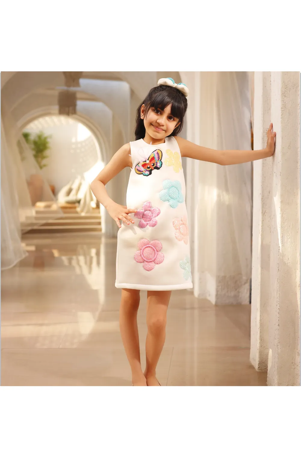 White Hand made Sequence 3D Flowers and Butterfly Dress