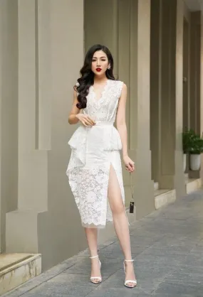 White SIDONIE WHITE LACE slit MIDI DRESS- Giola