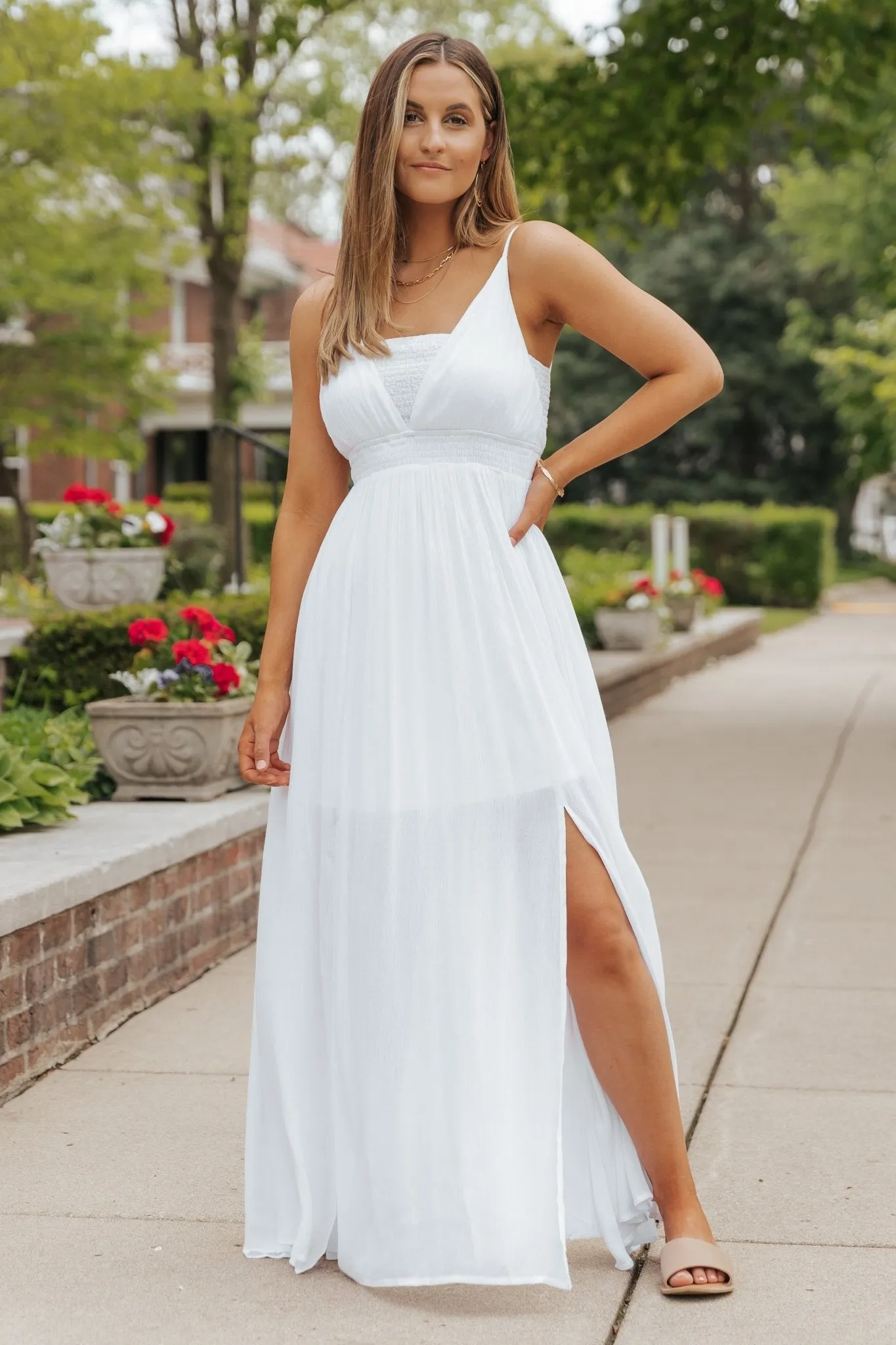 White Smocked Slit Maxi Dress - FINAL SALE