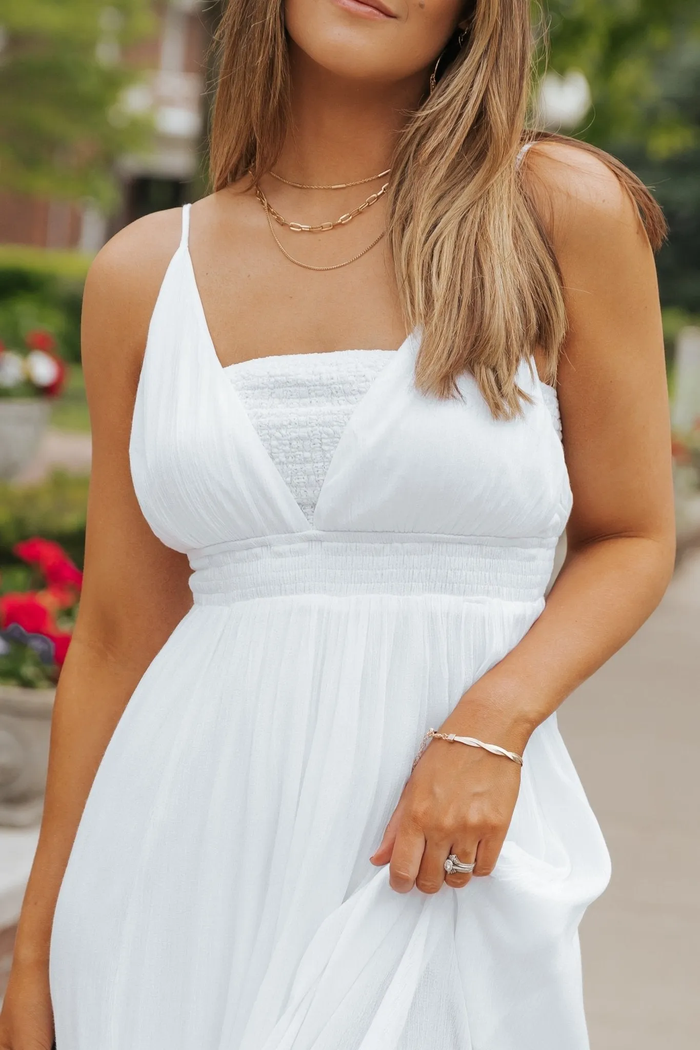 White Smocked Slit Maxi Dress - FINAL SALE