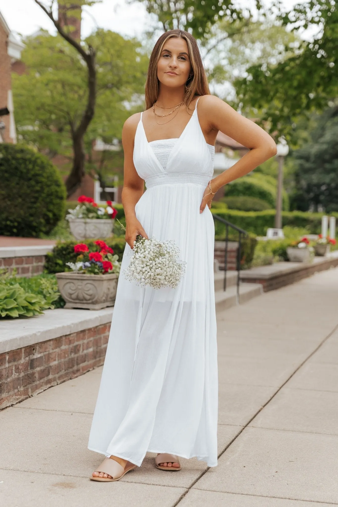 White Smocked Slit Maxi Dress - FINAL SALE