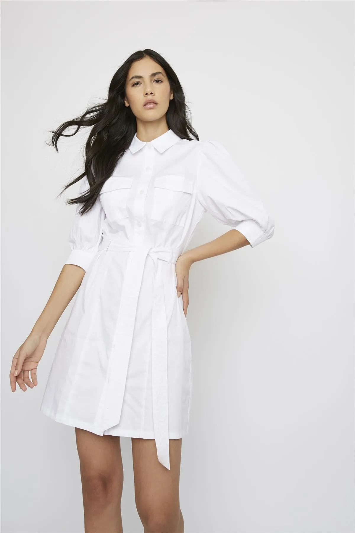 White Tie-Waist Button-Up Mini Shirt-Dress