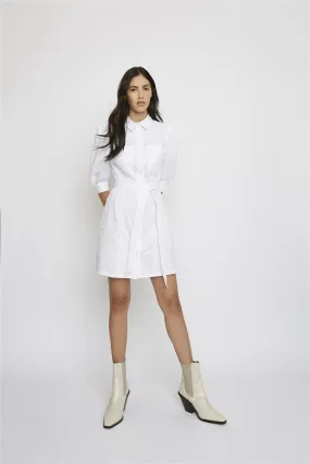 White Tie-Waist Button-Up Mini Shirt-Dress