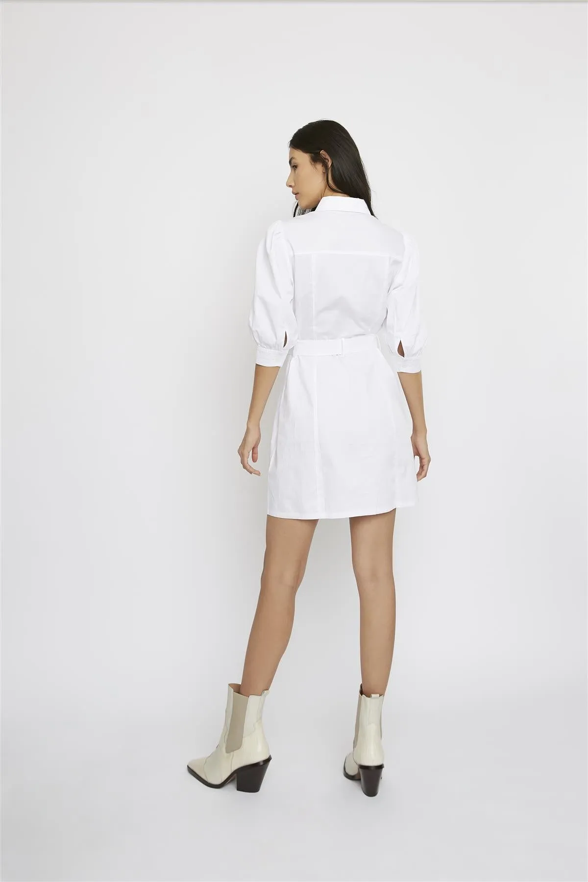 White Tie-Waist Button-Up Mini Shirt-Dress