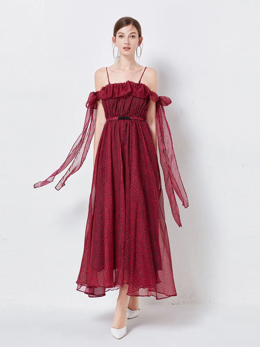 Wine Red Strap Off Shoulder Flowy Leopard Print Party Boho Dress