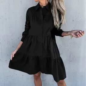 Women Solid Color Lapel Long Sleeve Casual Shirt Dress Button Large Womens Dress Petite Summer Dresses Wine Dress for Women S4364932