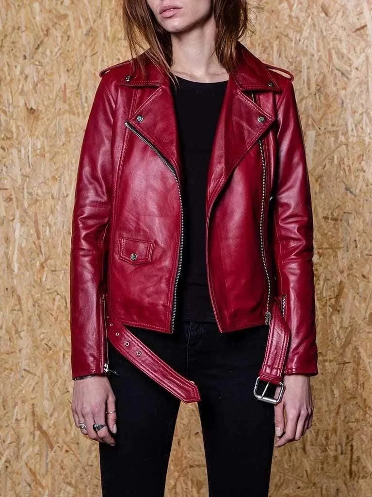 Women’s Dark Red Leather Biker Jacket