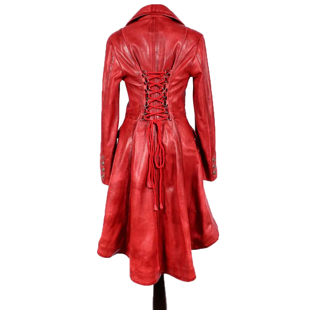 Women's Double Breasted Corset back Red Leather Coat TC19