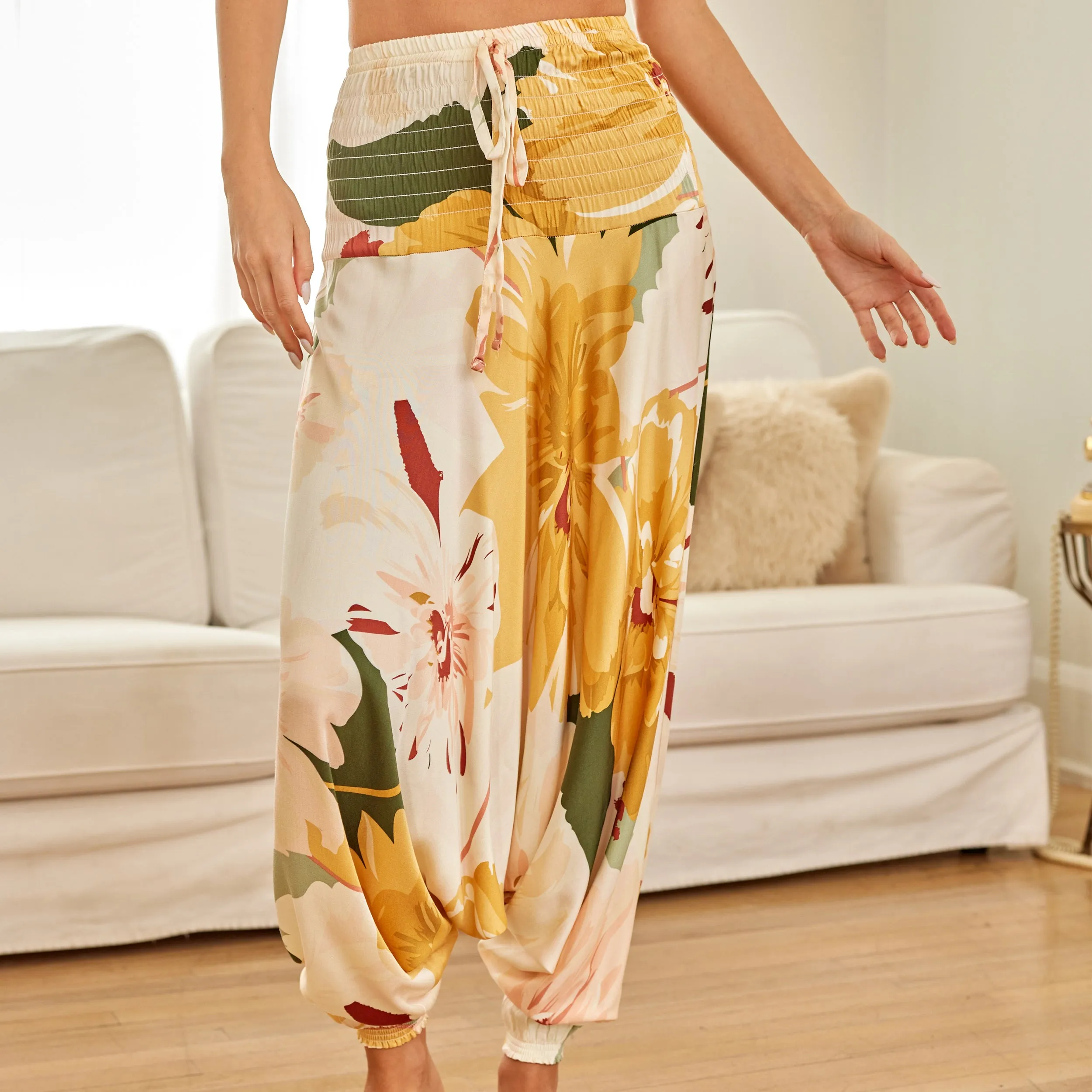 Women's Harem Pants with Wide Elastic Waist, Boho Style Lounge Pants, Joggers, Maternity