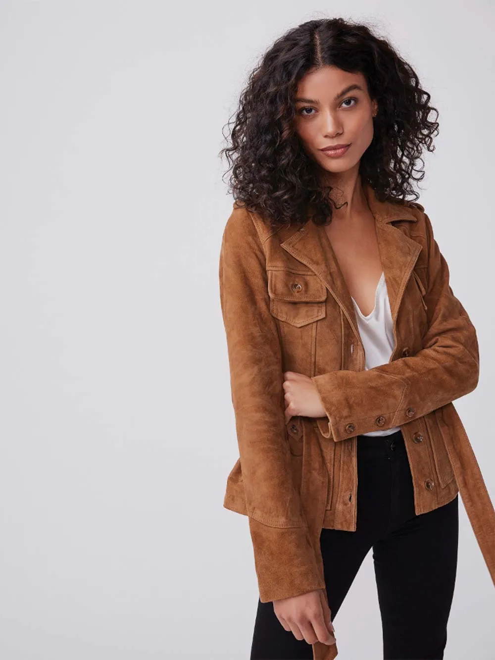 Women’s Tan Brown Suede Leather Belted Coat