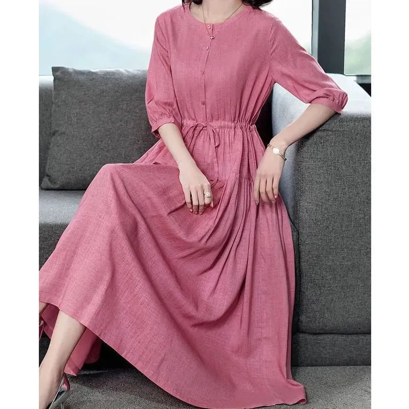 Women's Vintage Lace Up Button Cotton Dress Spring Summer Fashion Solid High Waist Midi Dress - WD8028