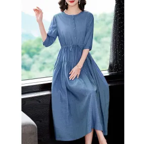 Women's Vintage Lace Up Button Cotton Dress Spring Summer Fashion Solid High Waist Midi Dress - WD8028