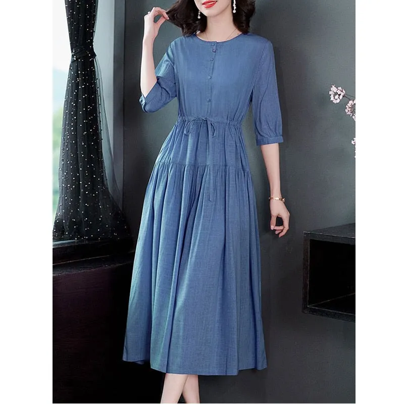 Women's Vintage Lace Up Button Cotton Dress Spring Summer Fashion Solid High Waist Midi Dress - WD8028